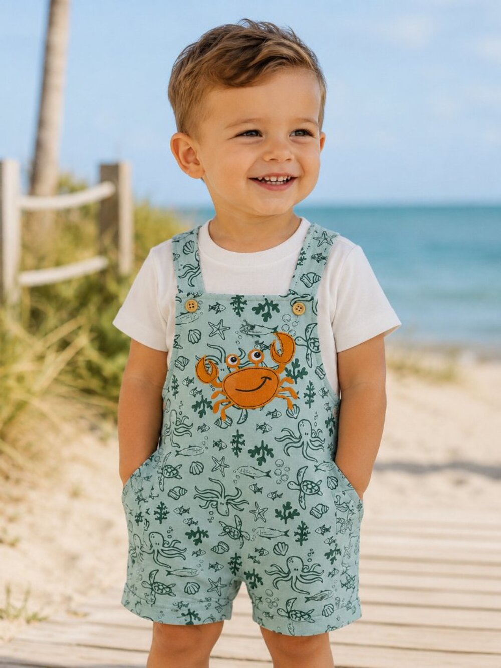 NWT Baby Essentials 2 Piece Baby Toddler Boys Crab Ocean Romper & T-Shirt Set